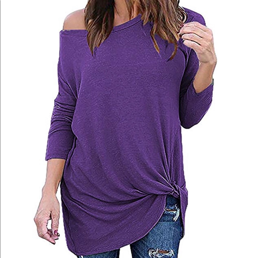 Purple off shoulder long sleeve solid top - Picture 3 of 7